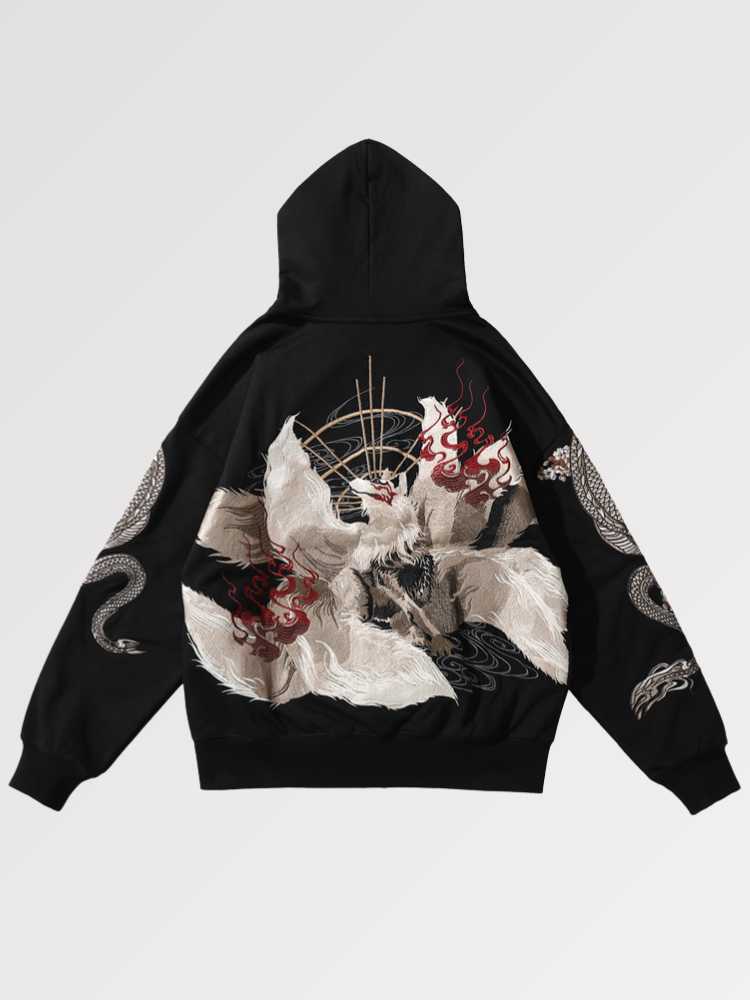 Embroidered Hoodie Japanese Fox 'Kitsune'