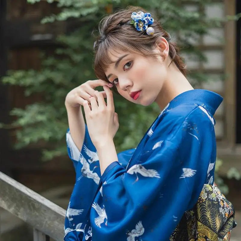 Japanese Blue Kimono for Women 'Ofunato' M