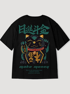 Japanese T-shirt Cat Pattern 'Maneki-Neko'