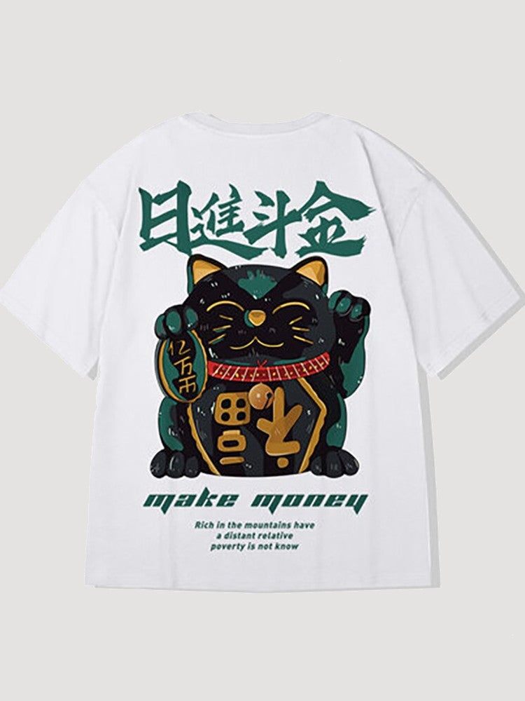 Japanese T-shirt Cat Pattern 'Maneki-Neko'