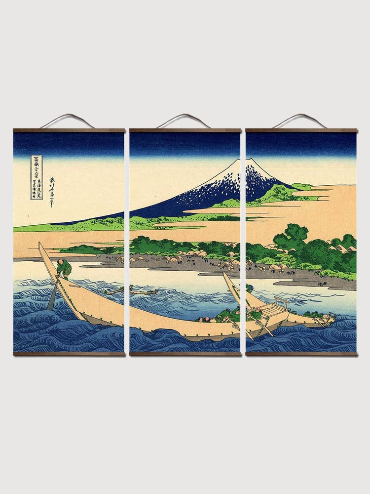 Japanese Triptych Painting 'Fisherman's Boat'