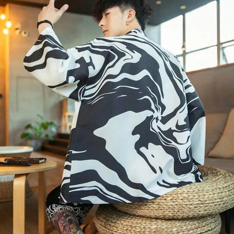 Mens Black and White Kimono Jacket 'Hamamatsu'