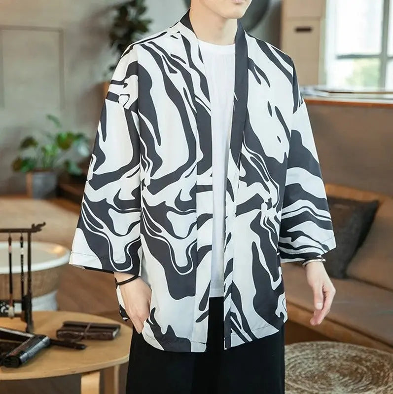 Mens Black and White Kimono Jacket 'Hamamatsu'