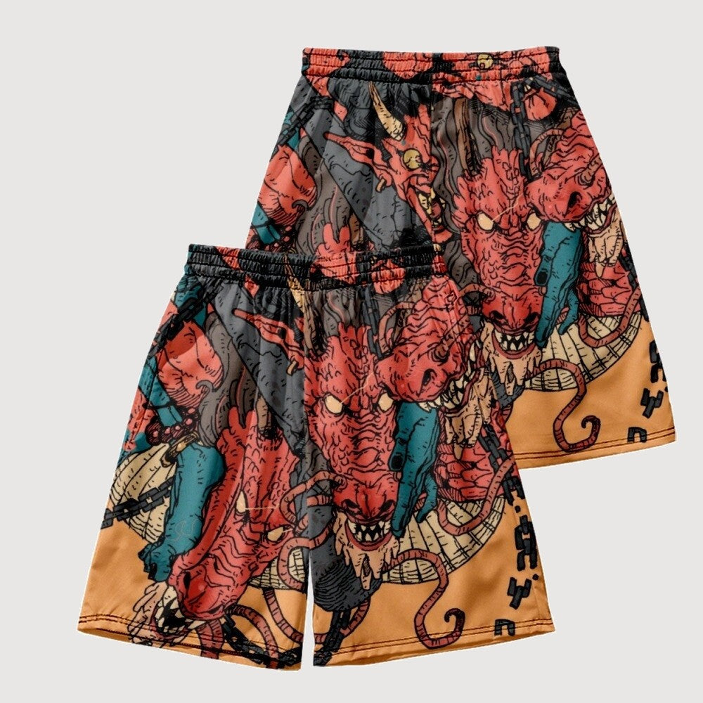 Red Dragon Pattern Japanese Shorts 'Doragon'